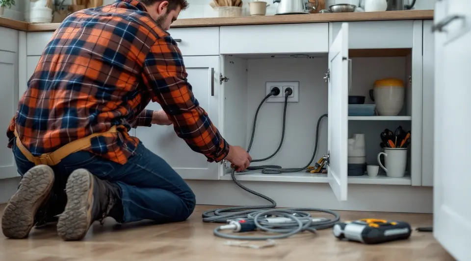 Een geknielde elektricien sluit in een open keukenkastje een grijze kabel aan op een stopcontact achterin de kast