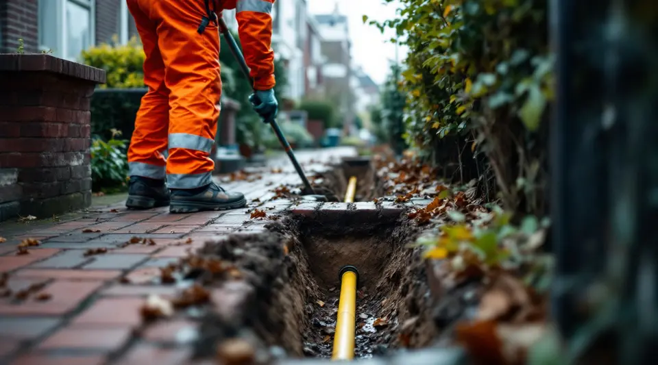 Een monteur graaft een smalle sleuf in de klinkers voor de voordeur van een rijtjeshuis om de gasleiding weg te halen