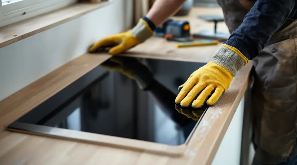 Handen in werkhandschoenen laten een zwarte glazen kookplaat in de uitsparing van een eiken werkblad zakken