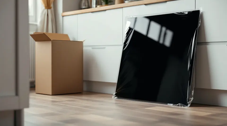 Een nieuwe zwarte kookplaat in plastic folie staat tegen de keukenkastjes, naast een open kartonnen doos