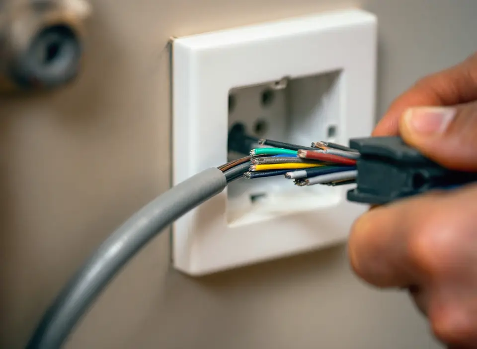 Een elektricien stript met een striptang de aders van een grijze installatiekabel bij een witte inbouwdoos in de muur