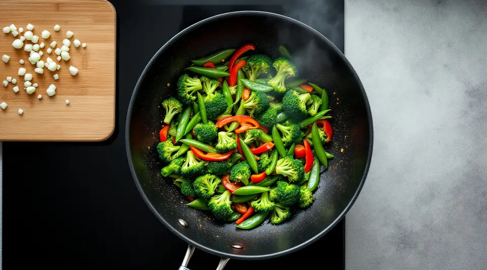 Van bovenaf: een zwarte wok met roergebakken broccoli, peultjes en paprika op een zwarte inductiekookplaat zonder knoppen, met een snijplank ernaast